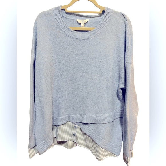 Time and Tru Sweaters - Time and Tru - Light Blue crew neck sweater with “shirt trimming” in blue/white